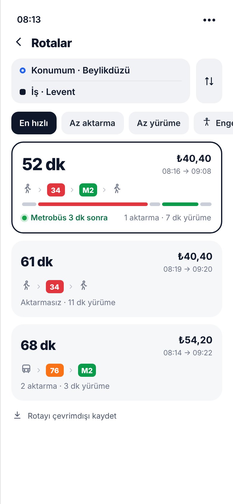 Rota seçenekleri ekranı
