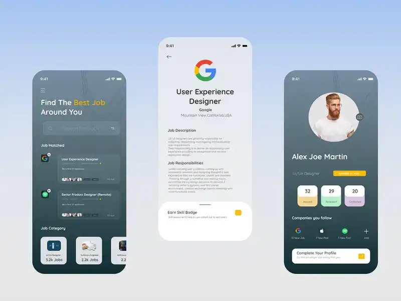 Find Your Job uygulamasının ana sayfa, iş detayı ve profil ekranları