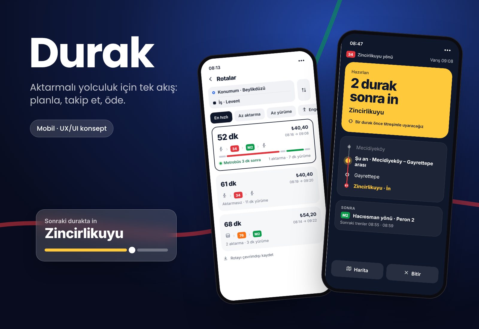 Durak uygulamasının rota ve yolculuk ekranları