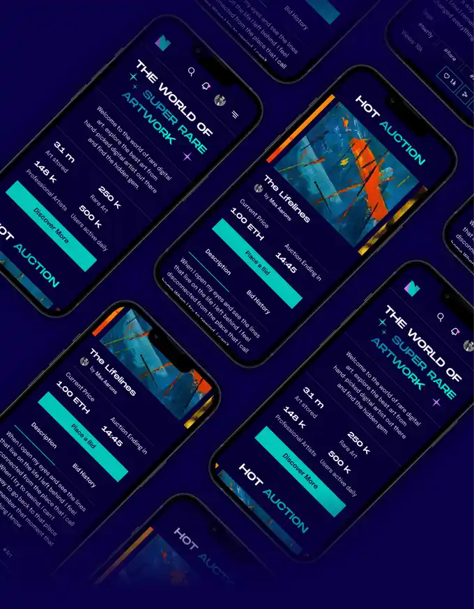 NFT Vault hi-fi ekranları: sıcak açık artırma ve eser detayları