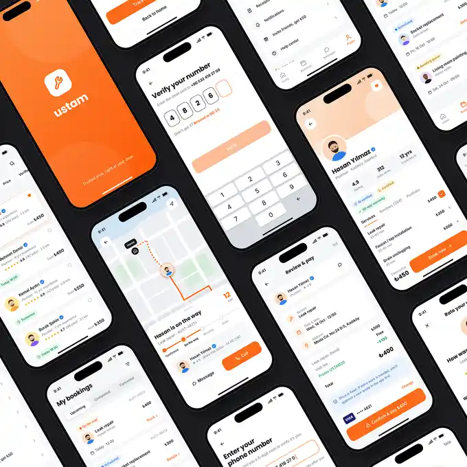 Ustam hi-fi ekranları: açılış, telefon doğrulama, usta profili, canlı takip, inceleme ve ödeme