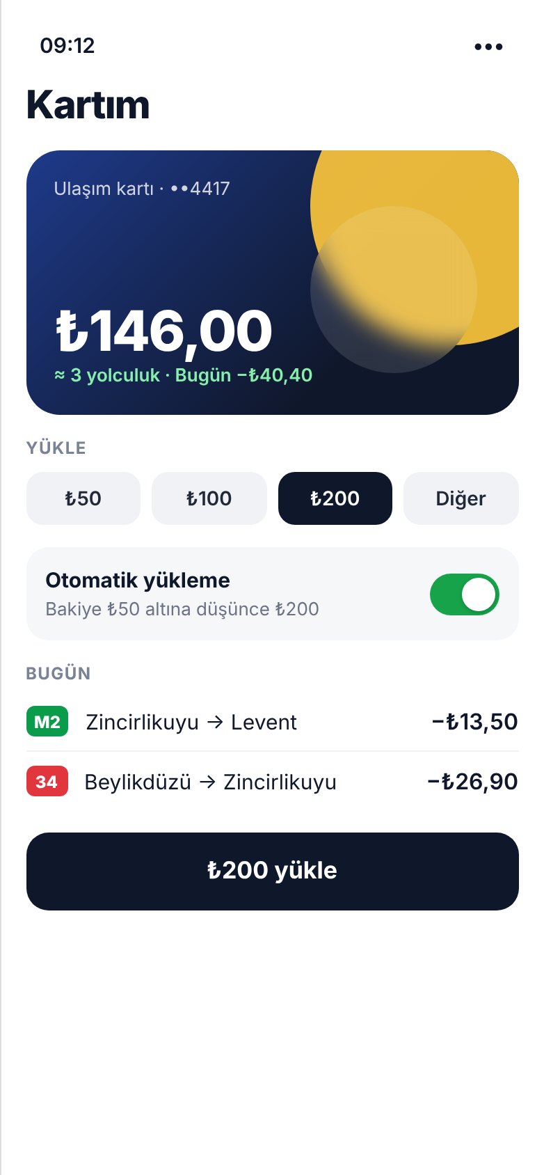 Kart ve bakiye ekranı