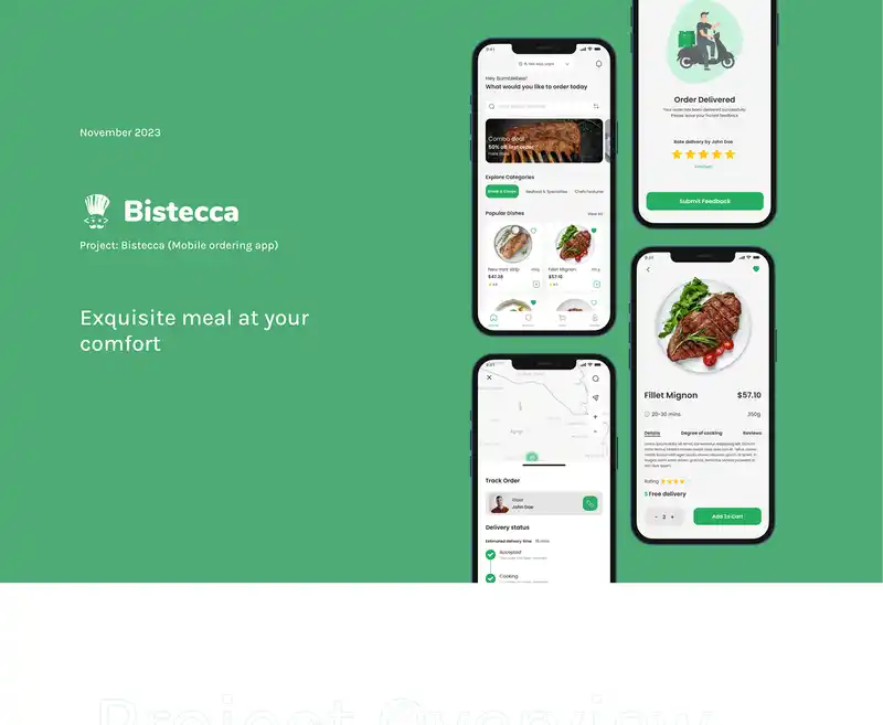 Bistecca mobil sipariş uygulamasının ekranları