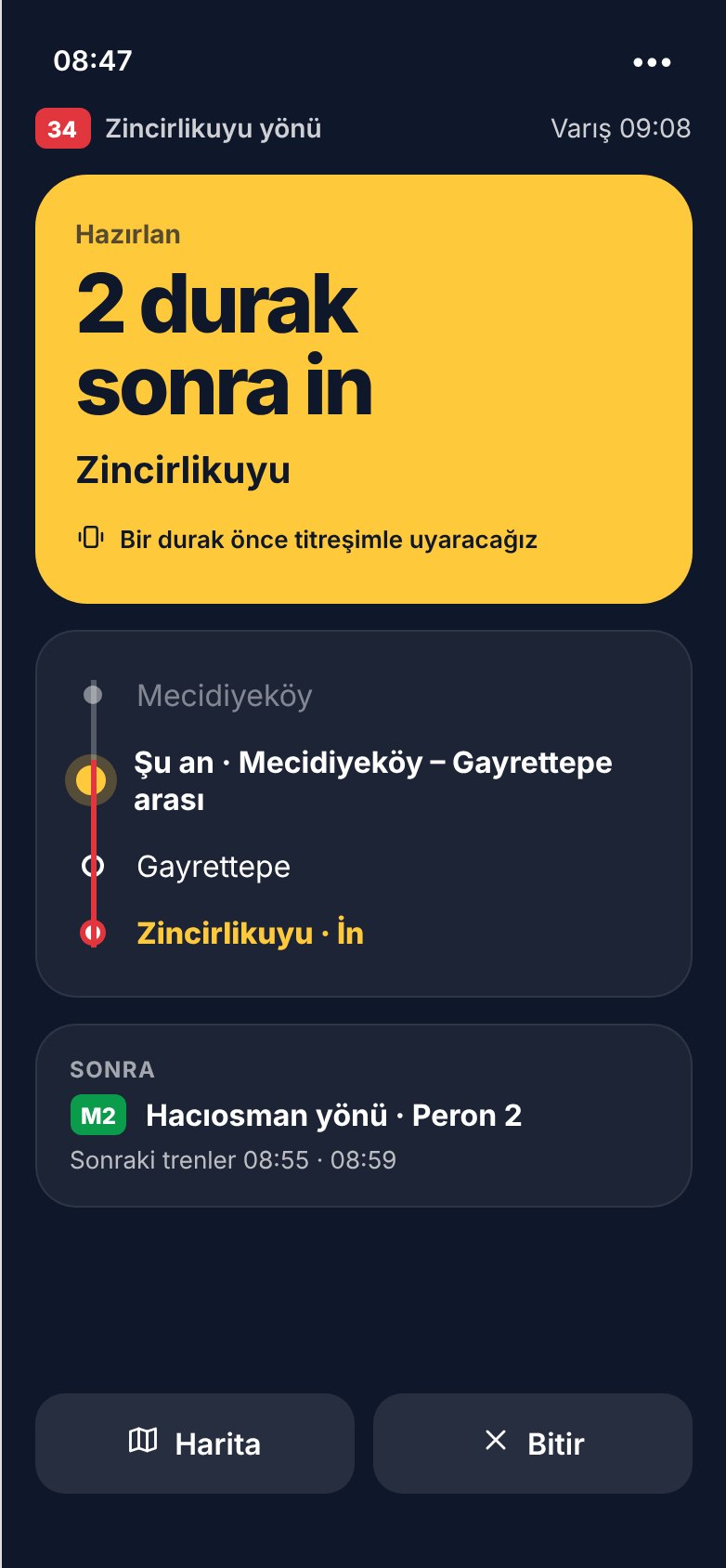 Yolculuk modu ekranı