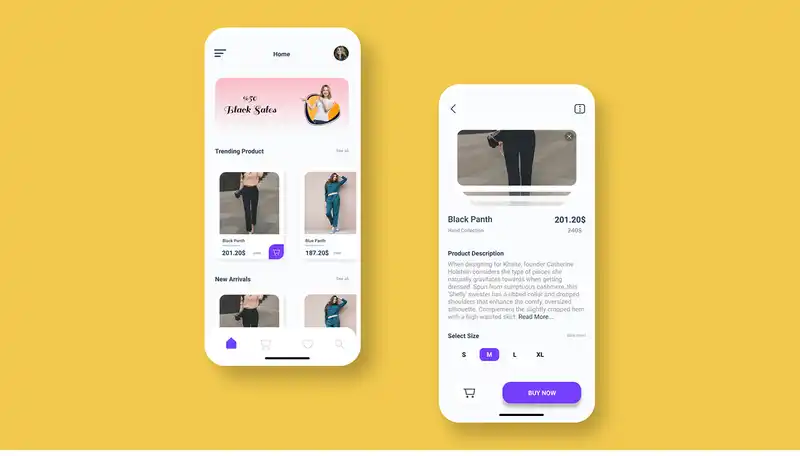 Fashion App ana sayfa ve ürün detayı ekranları