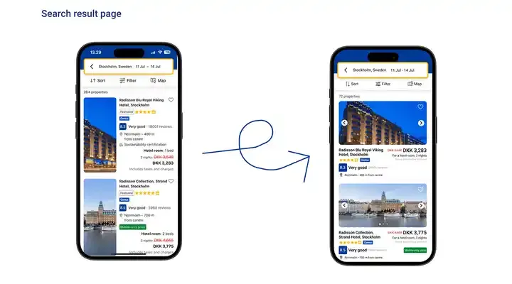 Booking arama sonuç sayfasının önce ve sonra hâli